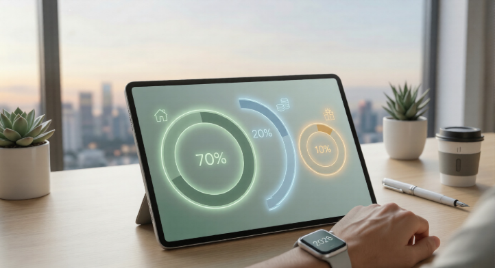 Tablet displaying glowing data charts on an office desk with a city view background.
