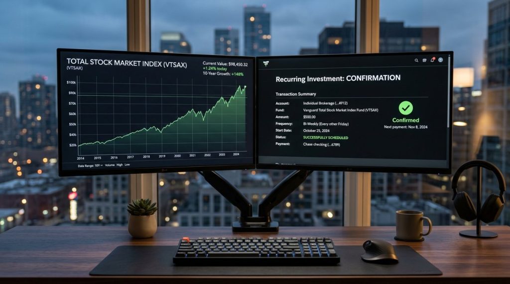 A clean desk featuring a dual monitor setup with a bright display.