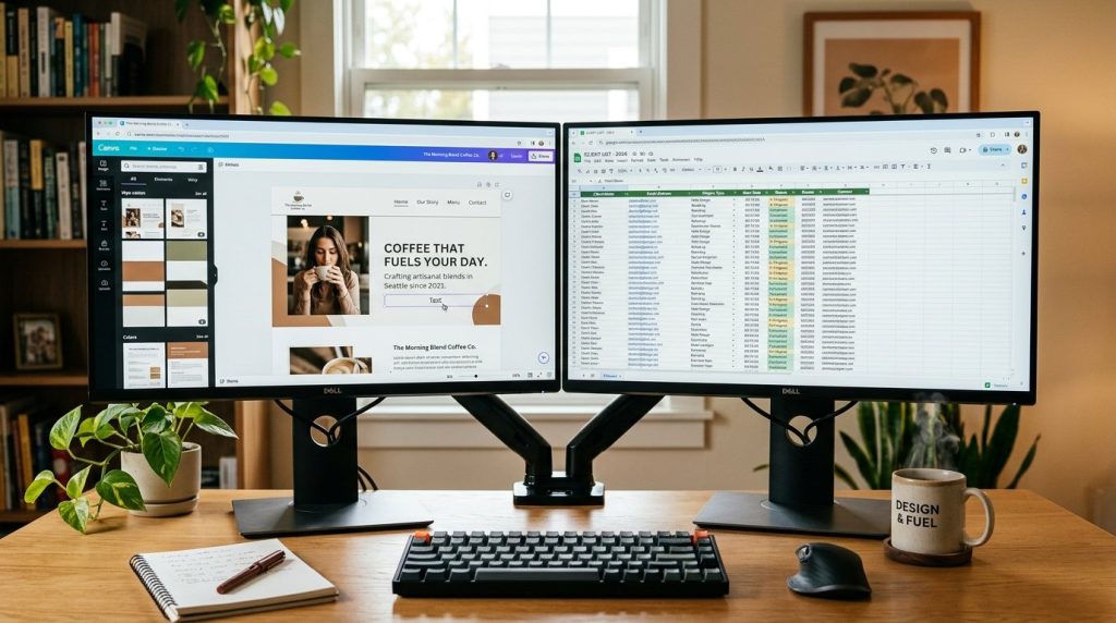 A dual monitor workstation displaying a business website and a data spreadsheet side by side.