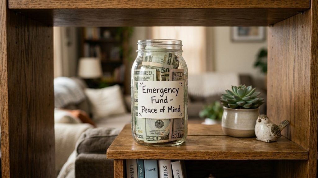 A glass mason jar filled with cash labeled 'Emergency Fund - Peace of Mind' sits on a wooden shelf in a cozy living room.