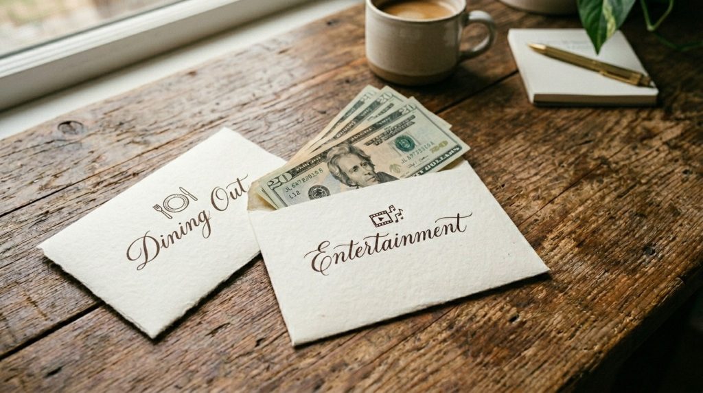 A close up view of multiple envelopes overflowing with various denominations of paper currency and cash money.