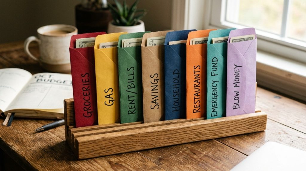 A collection of paper envelopes neatly organized and stored inside a rustic wooden box or stationery organizer.