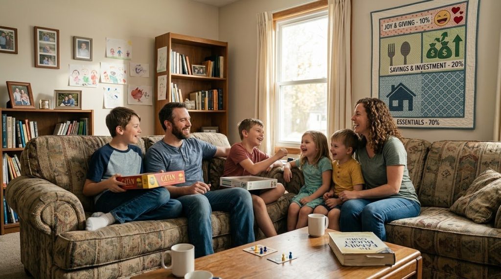 A large family sitting on a sofa in a living room, laughing and playing a board game together.