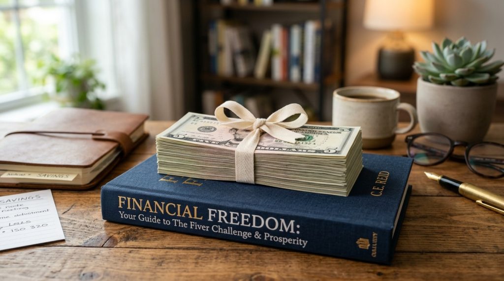 A stack of five-dollar bills tied with a white bow rests on a blue book titled Financial Freedom on a wooden desk.
