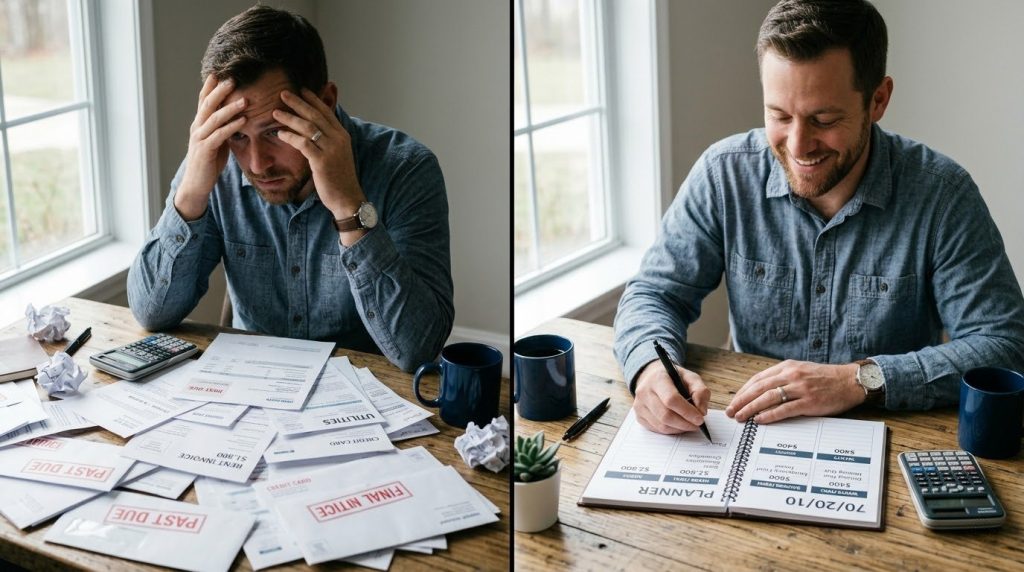 Split screen of a stressed man looking at past due bills and the same man happily writing in a budget planner.