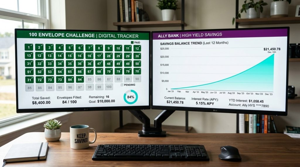 Dual monitors on a wooden desk showing a digital savings tracker and bank growth chart next to a 'Keep Saving' mug.