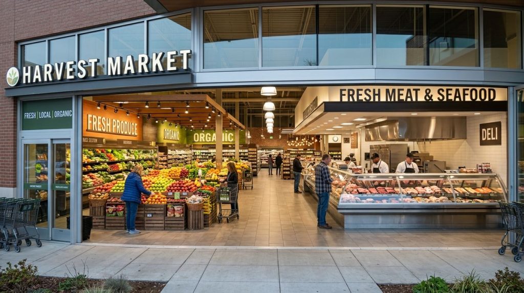 A vibrant and detailed view of various fresh fruits and vegetables neatly organized on display shelves within a modern grocery store produce department.