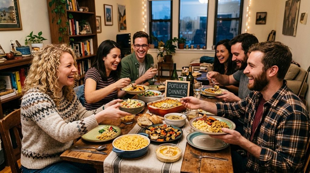 A group of happy friends gathered together around a table sharing a variety of delicious food and enjoying each others company during a social meal.