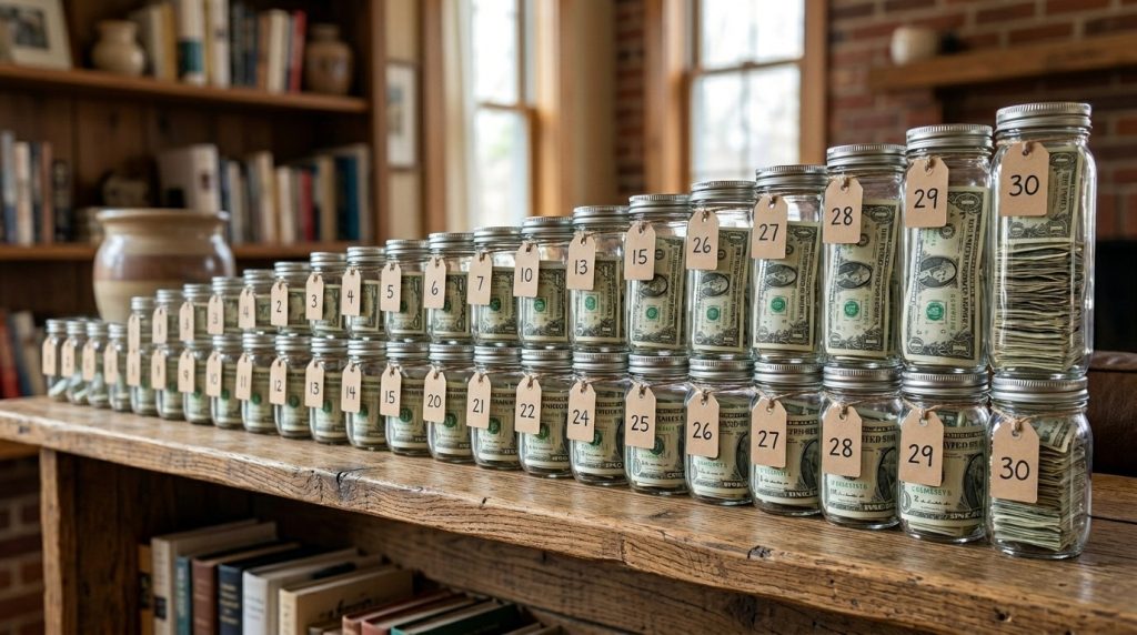 A collection of clear glass jars filled to different levels with various coins and paper money used for financial savings.