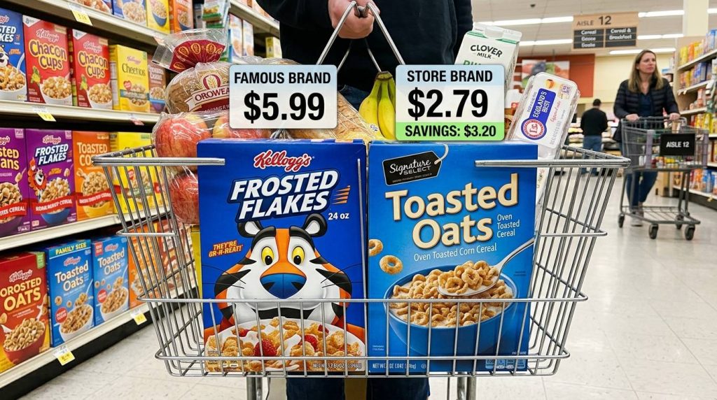 A close up view of a wire grocery basket filled with food items featuring a prominent box of breakfast cereal.