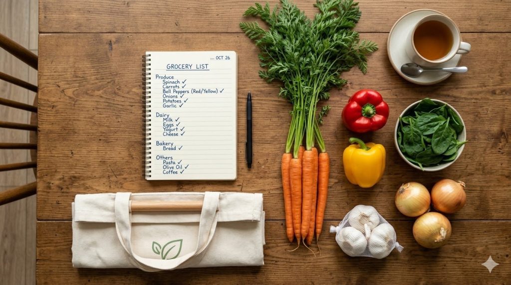 Top-down view of a handwritten grocery list surrounded by fresh carrots, peppers, onions, spinach, and a reusable tote bag.