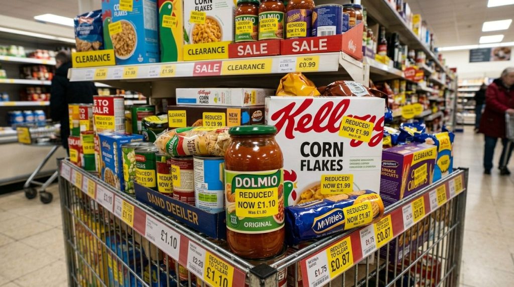 A detailed scene inside a grocery store showing the clearance section with various discounted items and promotional signage on the shelves.