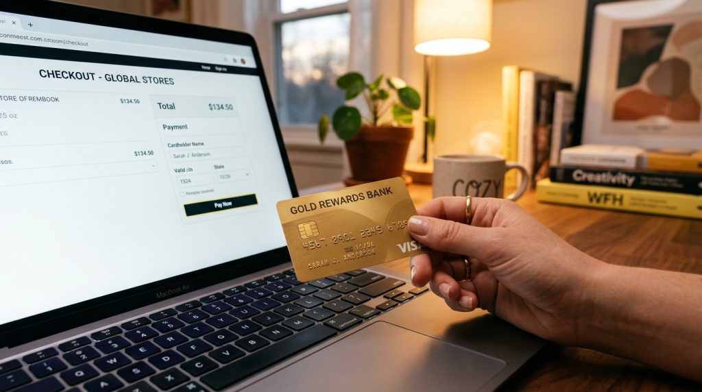 A detailed view of a person's hand holding a debit card ready for a financial transaction.