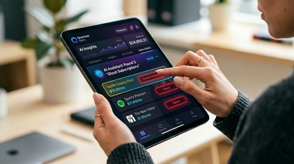 A close up view of a human hand scrolling through a glowing futuristic digital interface or holographic display with advanced technology elements.