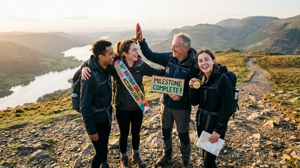 Four joyful hikers celebrate a 30th birthday on a scenic mountain peak at sunset, holding a milestone completion sign.