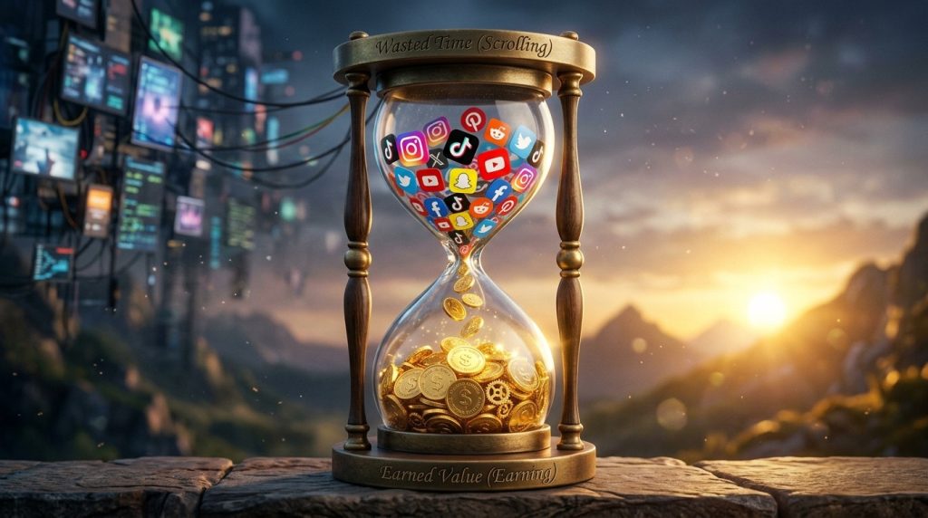 A conceptual image showing an hourglass representing the passage of time in relation to social media engagement and digital connectivity.