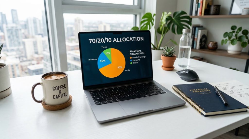 Laptop on a desk showing a 70/20/10 financial budget pie chart next to coffee and a notebook.