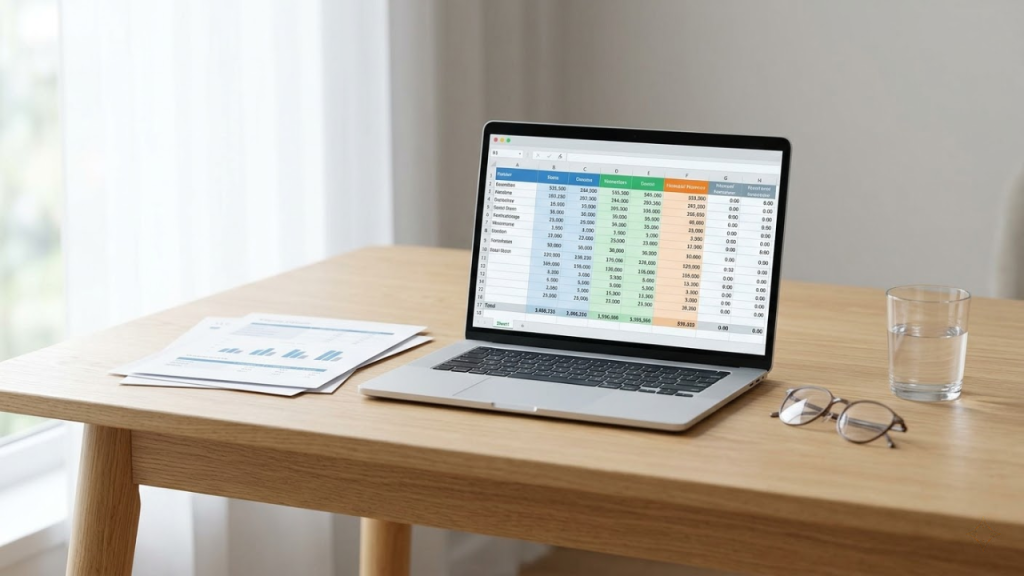 Laptop on a desk showing a spreadsheet, with papers, glasses, and a glass of water.