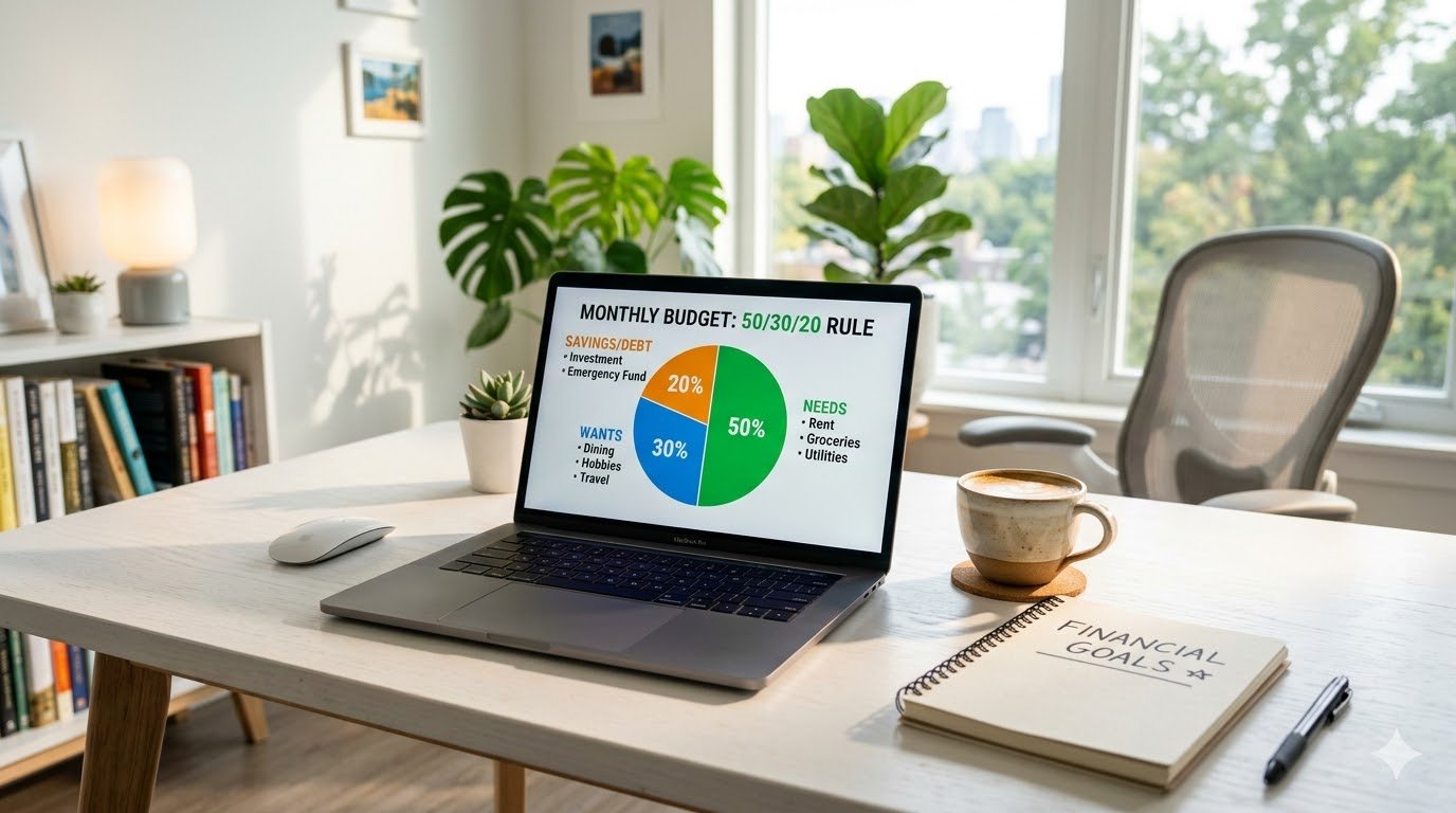 A laptop screen displaying a pie chart for the 50/30/20 monthly budget rule, sitting on a desk with a coffee and notebook.