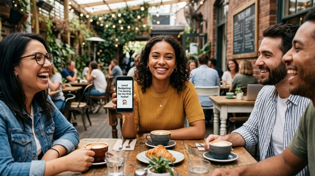 Friends at an outdoor cafe laughing as a woman shows a phone screen about saving for her first home with loud budgeting."