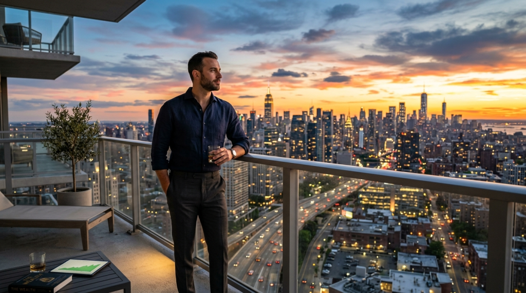 A man on a high-rise balcony overlooking a city skyline at sunset, holding a drink.