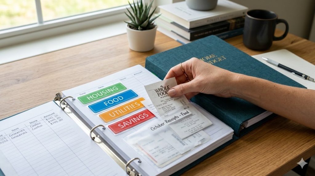Close-up of hands organizing Whole Foods receipts into a home budget binder with tabs for housing, food, and utilities.