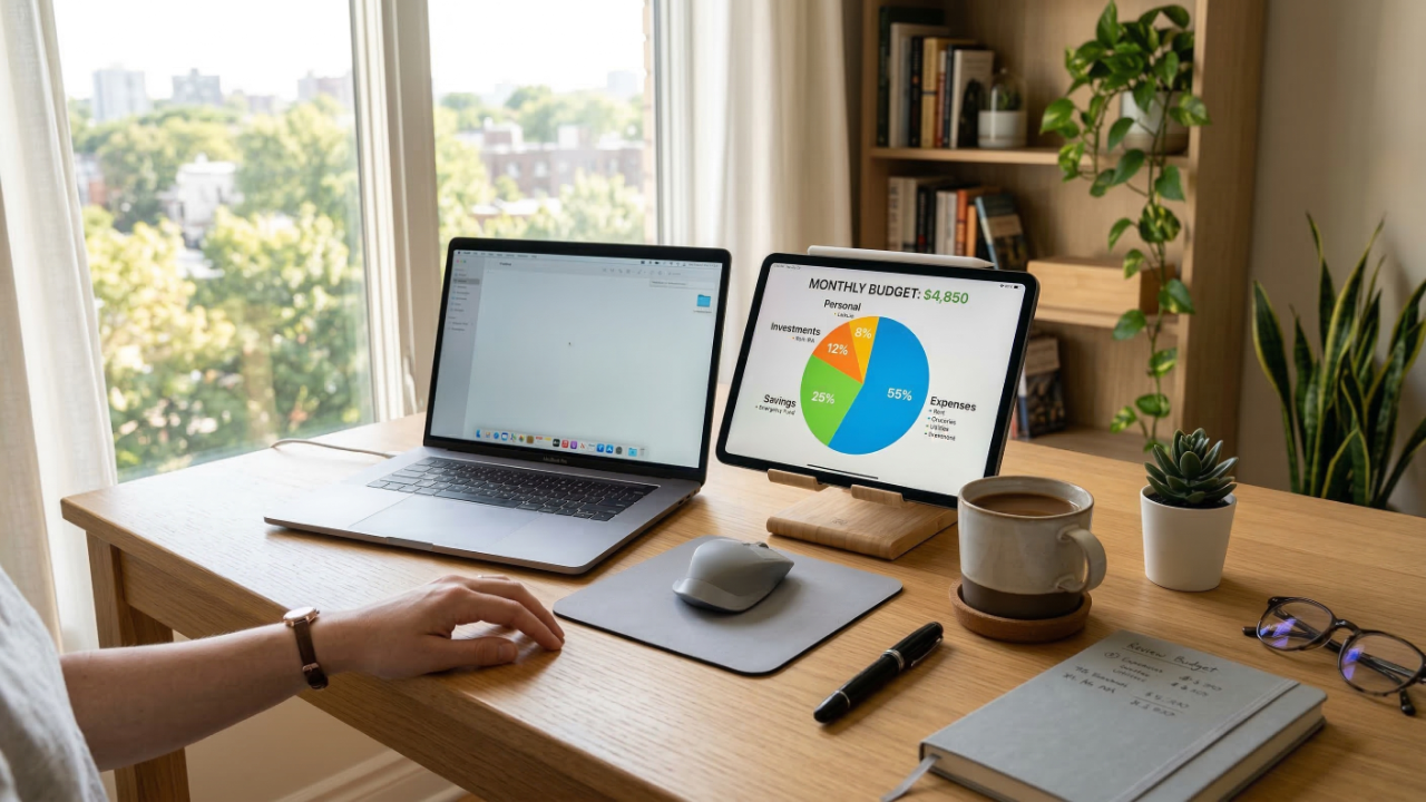 Home office desk with a laptop and tablet displaying a budget chart next to a window.