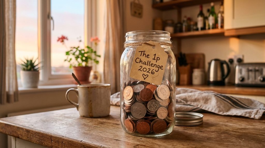 A glass jar filled with coins for 'The 1p Challenge 2026' sits on a wooden kitchen table during a warm sunset.