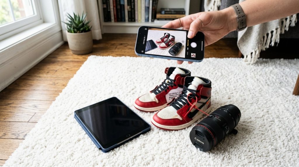 An organized display of various items and merchandise carefully arranged in a professional setup for a commercial sale or marketplace listing.

