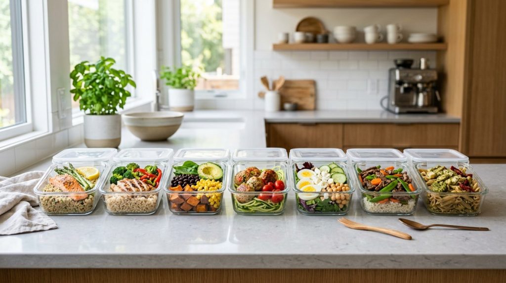 A collection of organized meal prep containers filled with nutritious food for weekly planning and healthy eating habits.