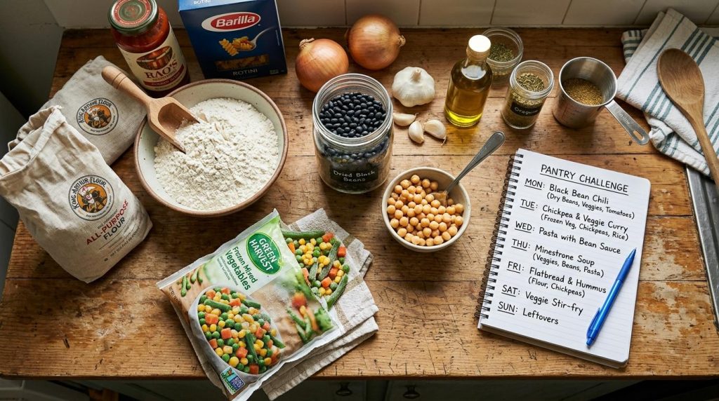 Ingredients for a pantry challenge like flour, beans, and frozen veggies on a table with a handwritten weekly meal plan.