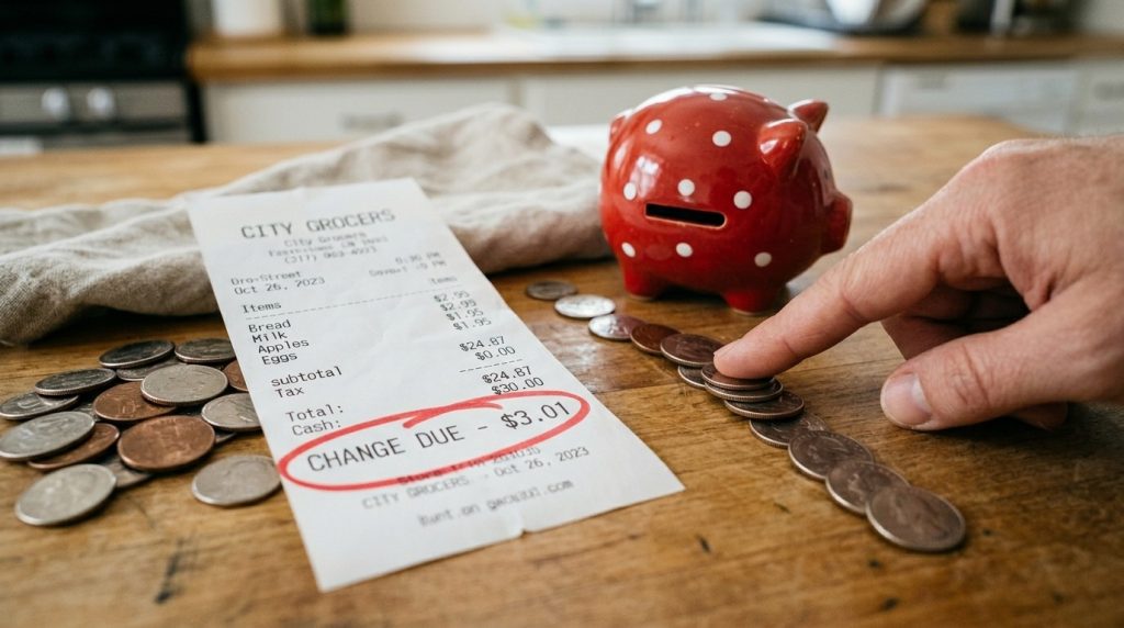 A close up view of a paper store receipt placed next to several metallic coins on a flat surface representing a recent purchase or financial transaction.
