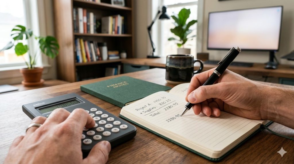 Close-up of hands using a calculator and writing financial notes in a notebook on a wooden desk in a home office.