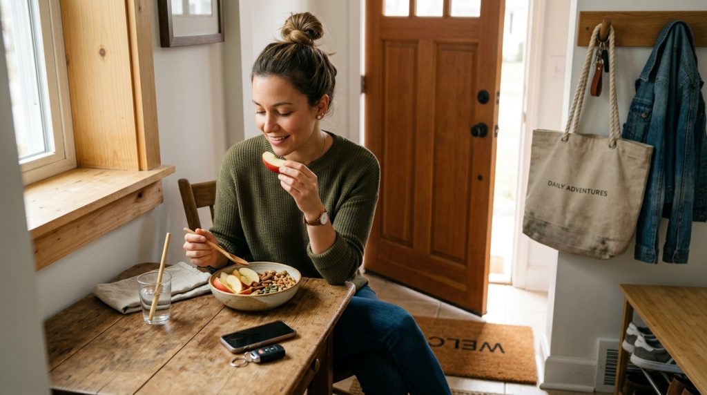 A detailed image showing a person enjoying a fresh and crunchy apple as part of a healthy daily snack routine.