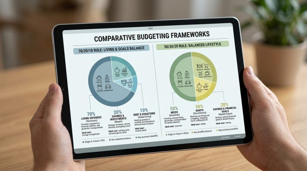 Close-up of hands holding a tablet displaying a presentation slide on comparative budgeting frameworks, showing pie charts.