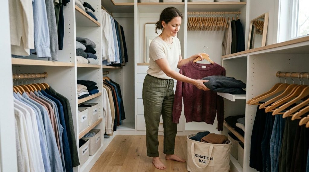 A person neatly placing a folded knit sweater onto a closet shelf for organization.
