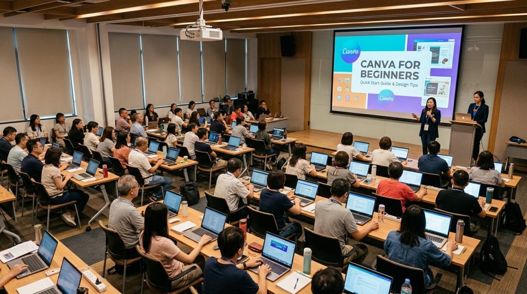 A professional presenting a Canva slide deck in a modern conference room.