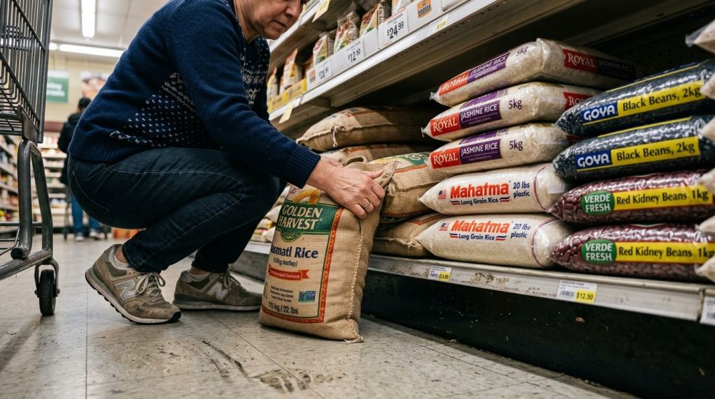 A person is reaching out with their hand to grab a handful of dry white rice grains, showing a tactile interaction with the food staple.