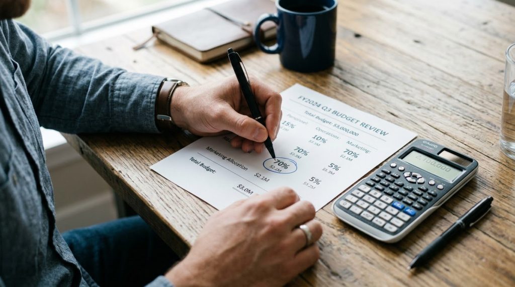 A person reviewing budgeting by marking 70% mark.