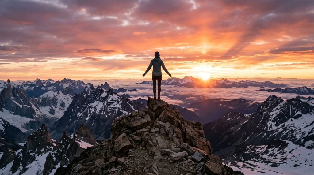 A solitary person standing on the rocky summit of a majestic mountain overlooking a vast and beautiful landscape under a clear sky.