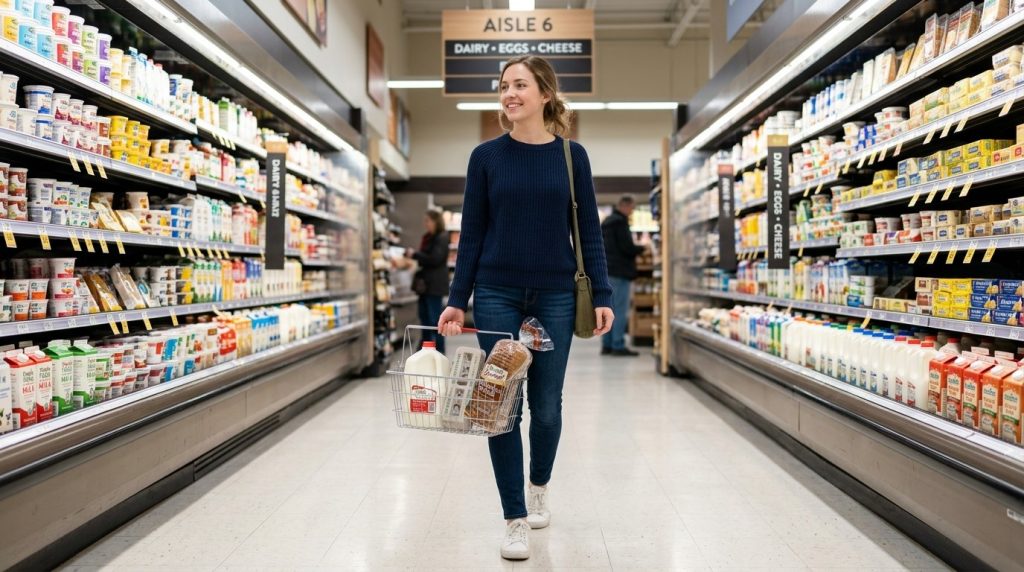 A person is walking while carrying multiple bags filled with groceries from a shopping trip at the supermarket or grocery store.