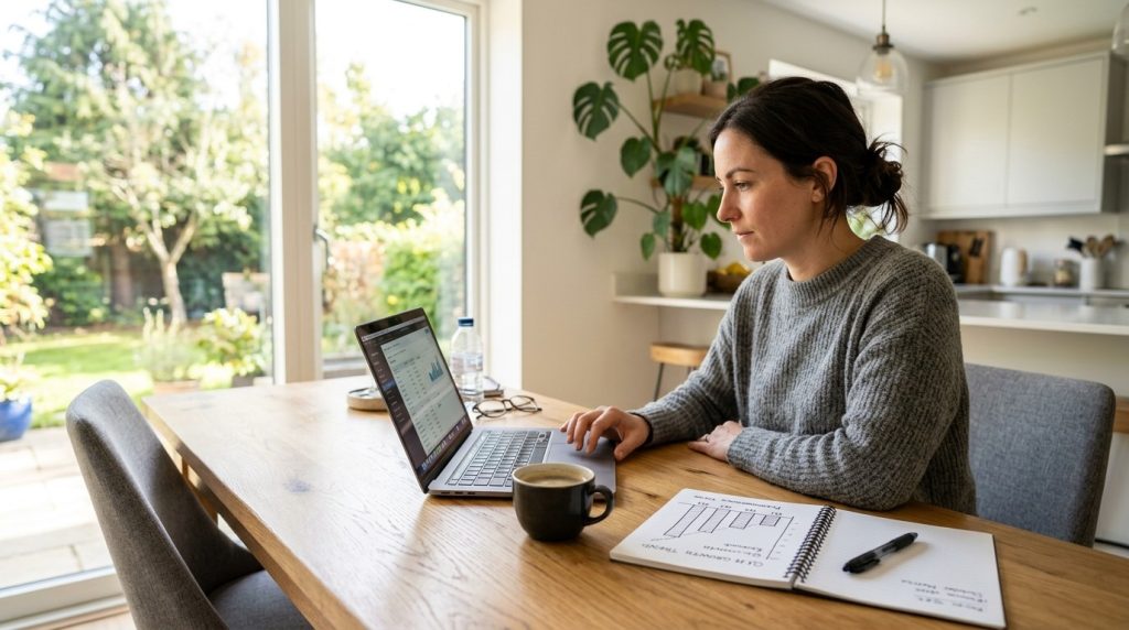 A detailed view of a person working diligently at their desk in a professional office setting during a productive workday.
