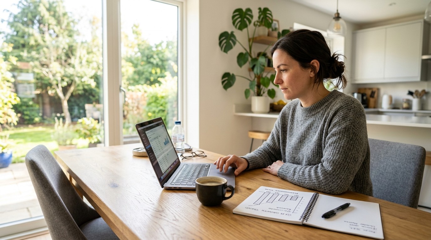 A detailed view of a person working diligently at their desk in a professional office setting during a productive workday.