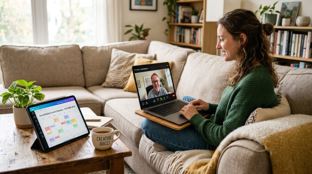 A person sitting on a comfortable sofa engaged in a video call on a laptop.