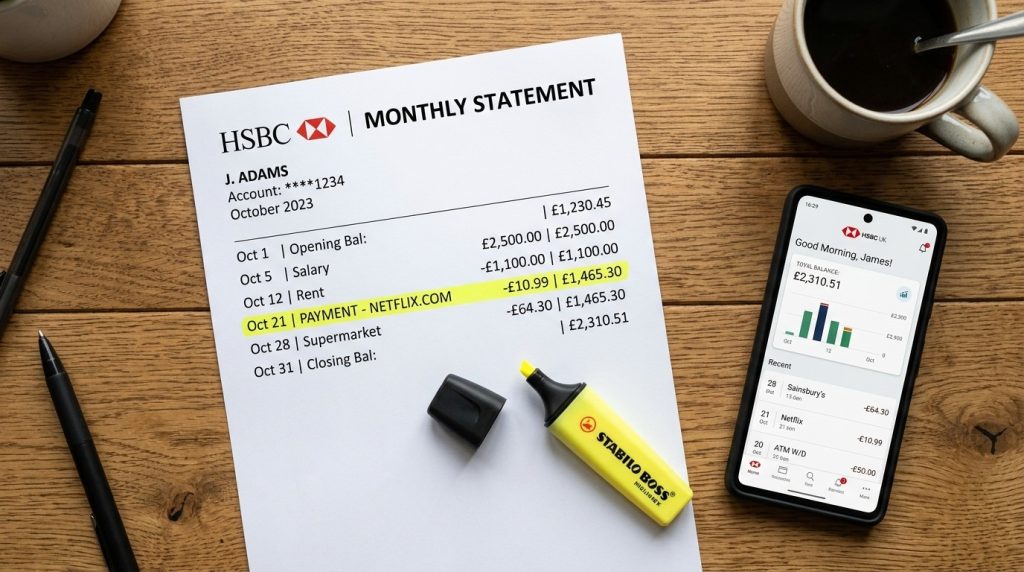 A detailed digital document or photograph showing a personal bank statement containing financial transaction records and account summaries.