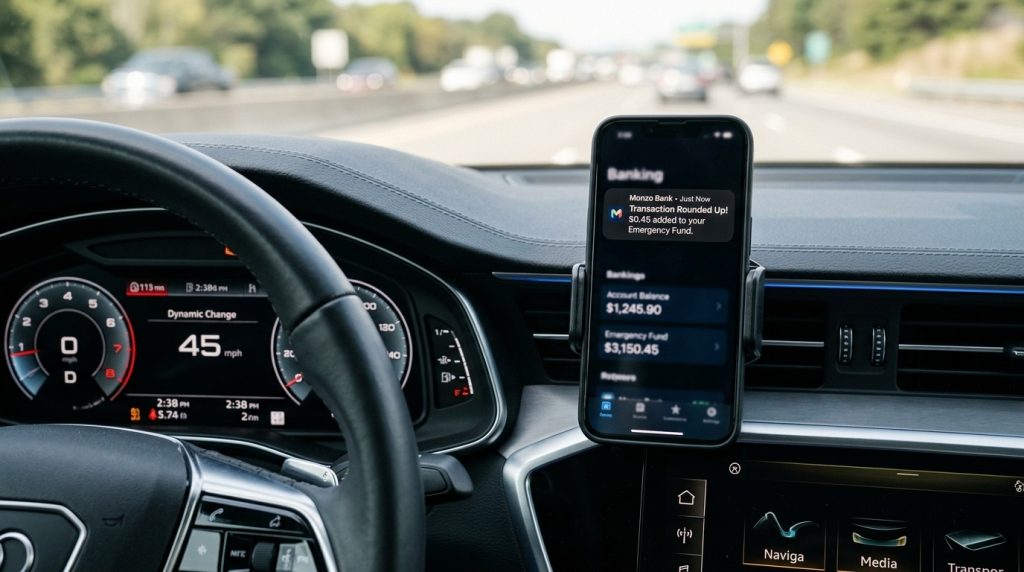 A smartphone mounted on a car dashboard displays a banking app notification while the vehicle travels at 45 mph on a highway.