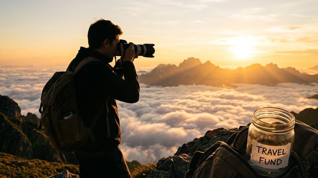 Photographer on a mountain peak taking a picture of a sunrise over clouds, next to a Travel Fund jar.