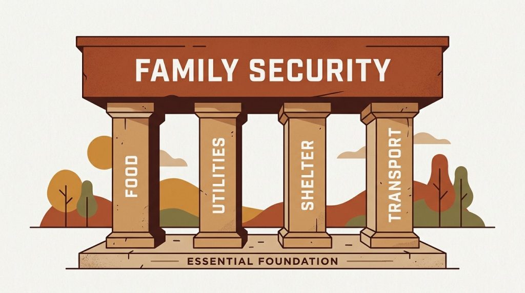A conceptual illustration or photograph showing strong architectural pillars providing a sturdy foundation for a family group, symbolizing support and unity.