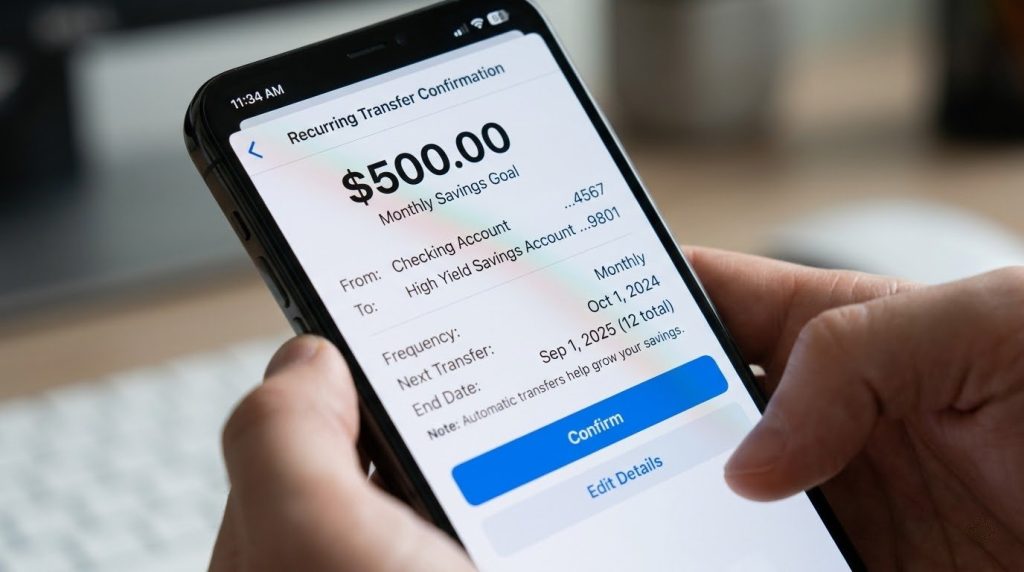 Close up of person's hands holding smartphone displaying a $500 recurring transfer confirmation to a high yield savings account.