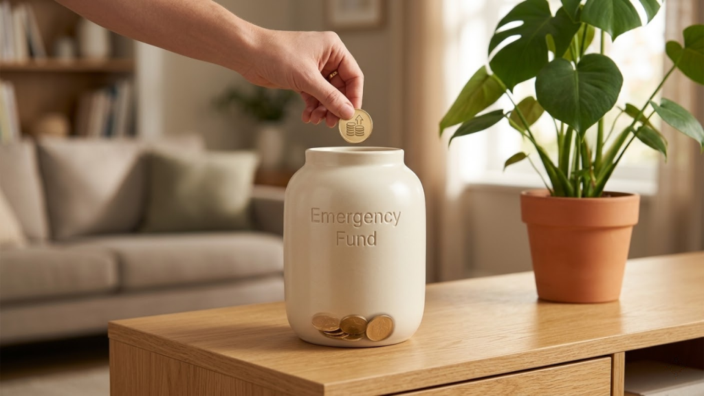 Hand putting a coin into a white jar labeled "Emergency Fund" on a wooden table.